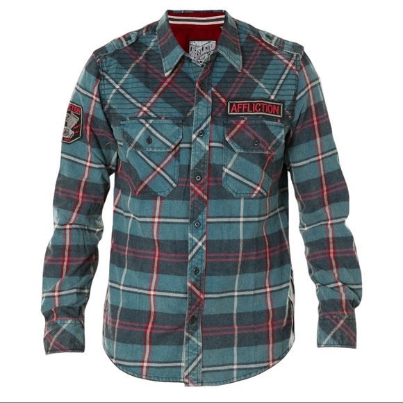 Affliction Men's Button Down Shirt Eastside Woven Embroidered Biker - Picture 2 of 11